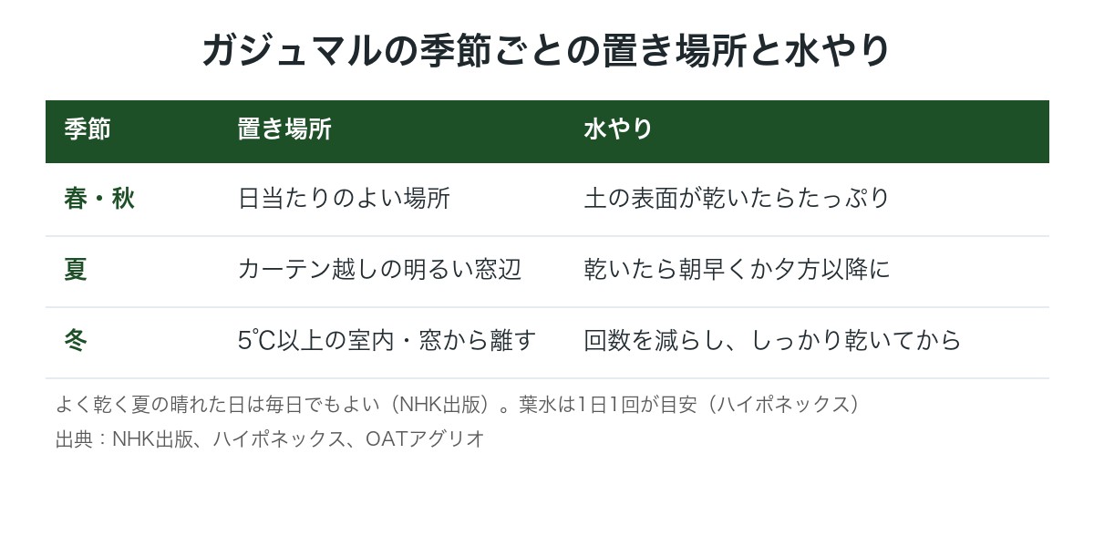 ガジュマルの季節ごとの置き場所と水やりの図