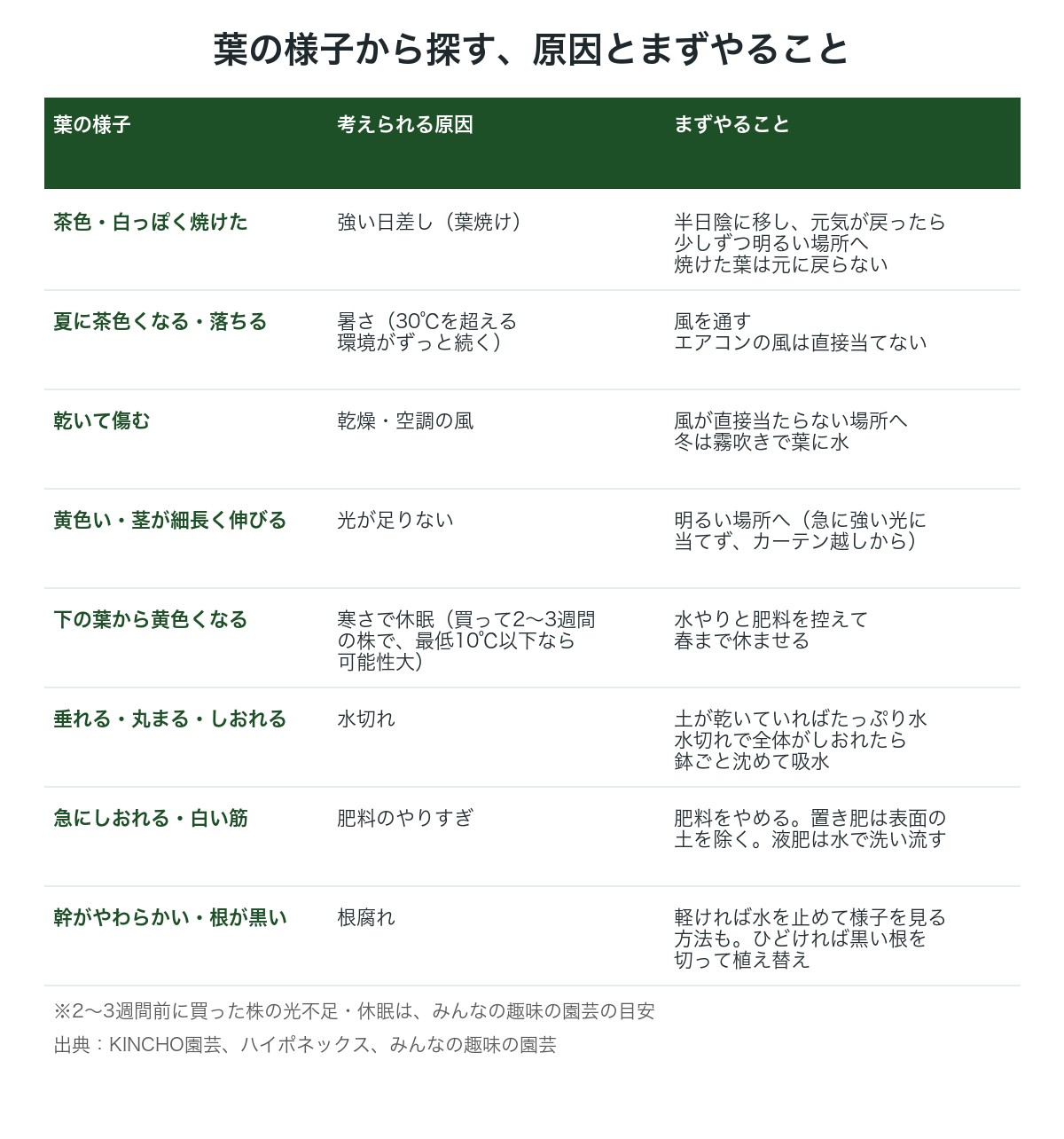 葉の様子から探す、考えられる原因とまずやることの表
