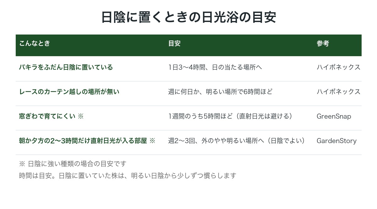 日陰に置くときの日光浴の目安の図