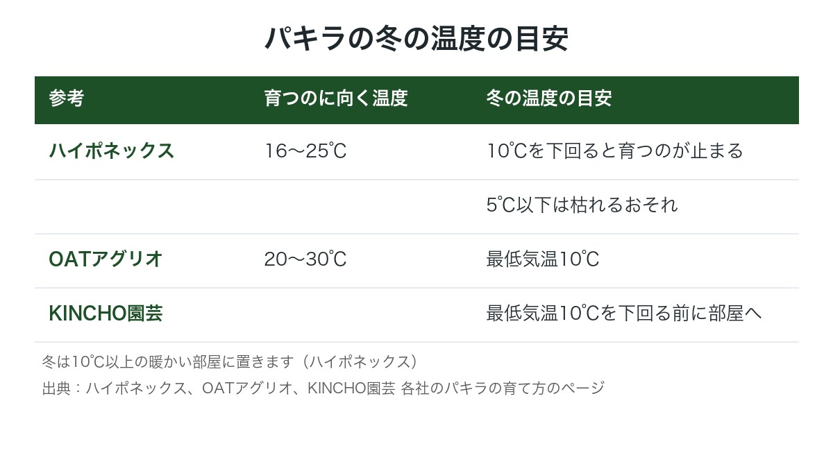 パキラの冬の温度の目安の図