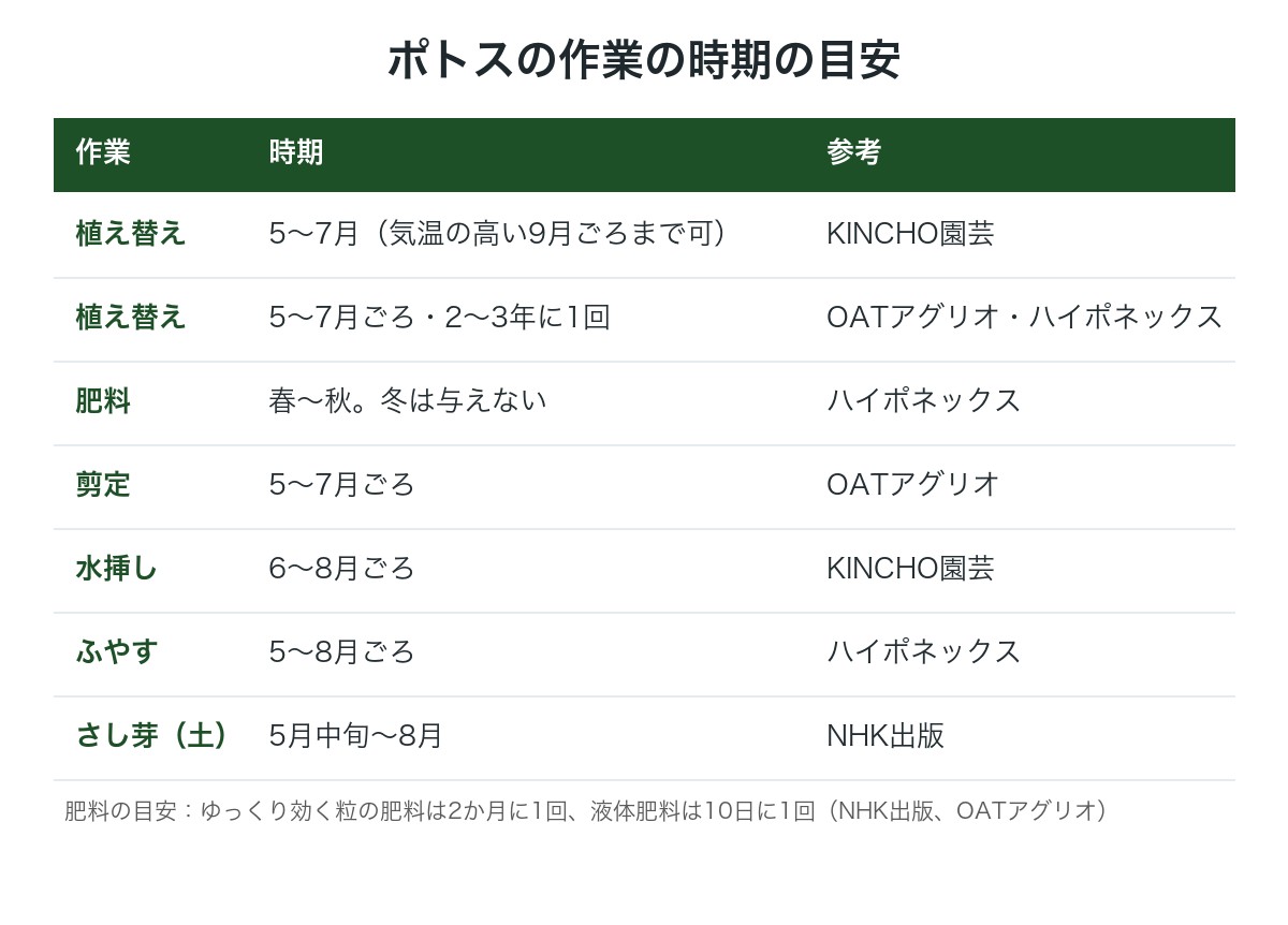 ポトスの植え替え・肥料・剪定・ふやし方の時期の目安の図